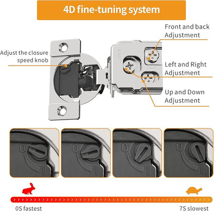 Chibery 50 Pack 1-1/2" Overlay 4D Soft Close Concealed Hinges for Face Frame Door, Adjustable Closing Speed, Smooth Slow Self Close Hinges, Satin Nickel, 105° Open Angle Stainless Steel Cabinet Hinges