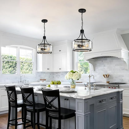 15.7 Inch Glass Drum Dining Room Light Fixture Over Table, Modern Black Chandeliers for Dining Room, Drum Pendant Light for Kitchen,Entryway,Living Room