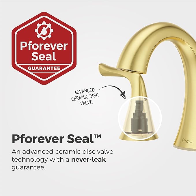Pfister Willa Bathroom Sink Faucet 8 in Widespread 3 Hole Double Handle Brushed Gold Finish NSF Certified Push & Seal Drain TiteSeal Technology Vanity Faucet LF049MALBG