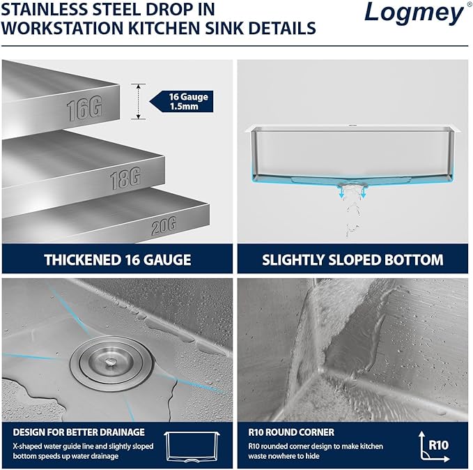 Logmey 33x22 Drop in Kitchen Sink All in One Workstation 16 Gauge SUS304 Stainless Steel Single Bowl 9-3/4" Deep Handmade Sink,Ideal for Home Cooking,Cleaning & Daily Kitchen Use,Noise Reduction