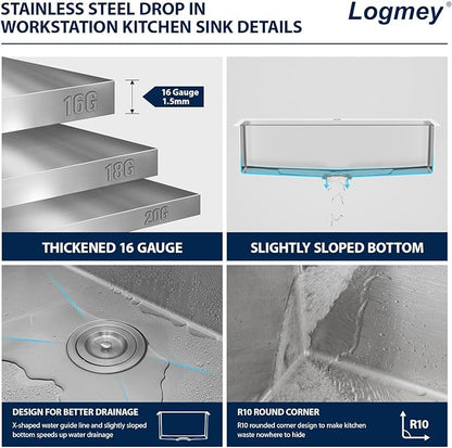 Logmey 33x22 Drop in Kitchen Sink All in One Workstation 16 Gauge SUS304 Stainless Steel Single Bowl 9-3/4" Deep Handmade Sink,Ideal for Home Cooking,Cleaning & Daily Kitchen Use,Noise Reduction