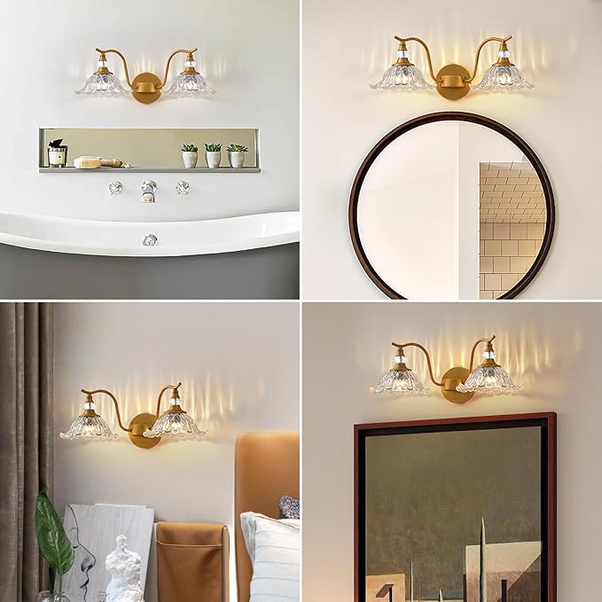 Vintage Bathroom Vanity Light Fixtures - 2 Light Antique Brass Bathroom Lights Fixture Over Mirror with Clear Flower Glass,Retro Brushed Gold Bronze Wall-Mounted Vanity Lighting for Powder Room