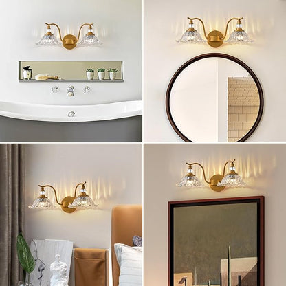 Vintage Bathroom Vanity Light Fixtures - 2 Light Antique Brass Bathroom Lights Fixture Over Mirror with Clear Flower Glass,Retro Brushed Gold Bronze Wall-Mounted Vanity Lighting for Powder Room