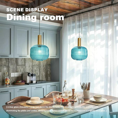 2 Pack Plug in Pendant Light, Blue Ribbed Glass Hanging Light Fixture with 14.76Ft Cord and On/Off Switch, Coastal Hanging Lamp Plug in for Kitchen Dining Room Bedroom Beach House