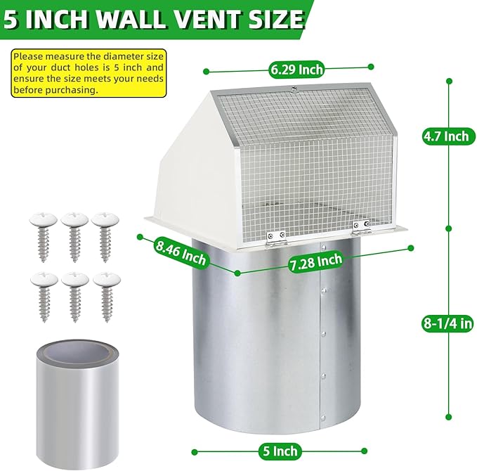 5 Inch Hooded Wall Vent with Screen and Damper,5" Vent Hood Wall Exhaust Vent Cover,Dryer Vent Cover Outside,5"Vent Cover Exterior Wall Vent Cap for Range Hood Kitchen Air Ventilation,Galvanized Steel