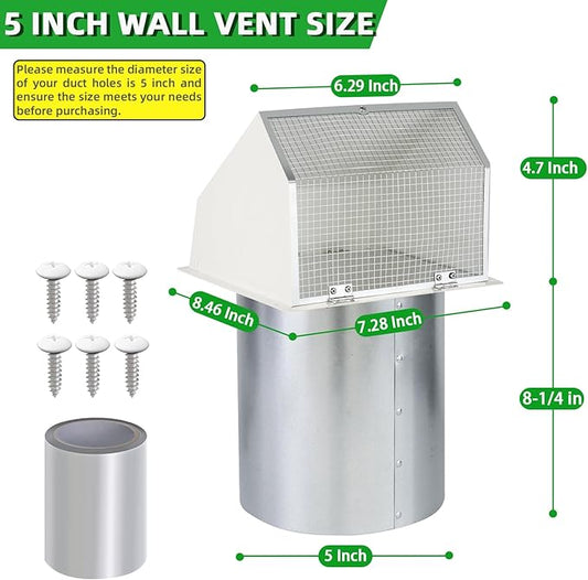5 Inch Hooded Wall Vent with Screen and Damper,5" Vent Hood Wall Exhaust Vent Cover,Dryer Vent Cover Outside,5"Vent Cover Exterior Wall Vent Cap for Range Hood Kitchen Air Ventilation,Galvanized Steel