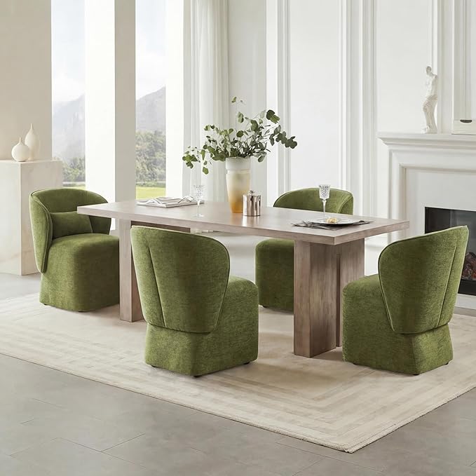 KISLOT Upholstered Dining Chairs with Wheels, Easy Assembly Stain Resistant Fabric Modern Barrel Armchair with Lumbar Cushion, Dining Room Chairs for Kitchen Living Room Bedroom, Green, Set of 1