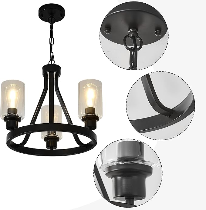 Black Farmhouse Chandelier Lighting Round 3 Lights with Glass Shade Ceiling Hanging Vintage Rustic Light Fixture for Dining Room Living Room Foyer Porch Kitchen Island