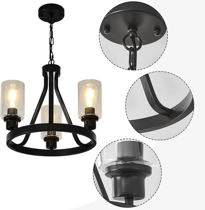 Black Farmhouse Chandelier Lighting Round 3 Lights with Glass Shade Ceiling Hanging Vintage Rustic Light Fixture for Dining Room Living Room Foyer Porch Kitchen Island