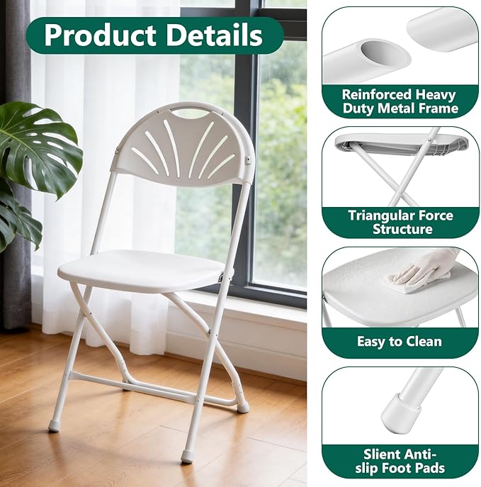 2 Pack White Plastic Folding Chairs, Outdoor Portable Folding Chair with Steel Frame, 400lbs Capacity Stackable Foldable Chairs for Patio, Garden, Picnic, Kitchen, Events