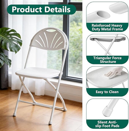 8 Pack White Plastic Folding Chairs, Outdoor Portable Folding Chair with Steel Frame, 400lbs Capacity Stackable Foldable Chairs for Patio, Garden, Picnic, Kitchen, Events