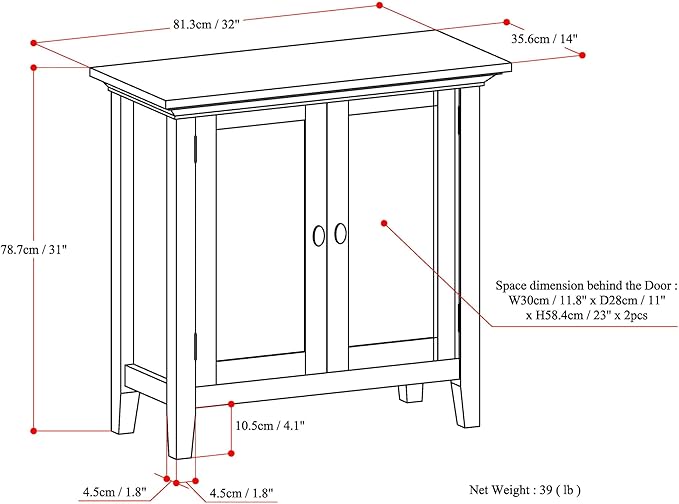 SIMPLIHOME Redmond Storage Cabinet - 32 inch Wide Solid Wood 2-Shelf Low Storage Cabinet in Hickory Brown, Transitional Accent Cabinet for Entryway with Adjustable Shelves and Tapered Legs
