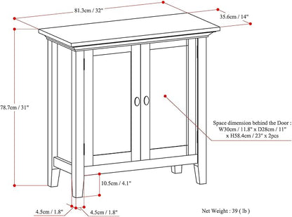 SIMPLIHOME Redmond Storage Cabinet - 32 inch Wide Solid Wood 2-Shelf Low Storage Cabinet in Hickory Brown, Transitional Accent Cabinet for Entryway with Adjustable Shelves and Tapered Legs