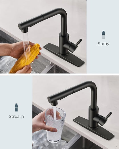 FORIOUS Black Kitchen Faucet with Soap Dispenser, Stainless Steel Sink Faucet with Pull Out Sprayer Modern Single Handle Suitable for Bar RV Farhouse Laundry Outdoor