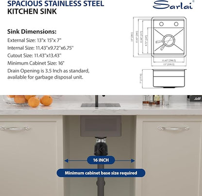 Sarlai Undermount Bar Sink, 13x15 Inch Undermount Outdoor Sink Workstation with Foldable Faucet Bar Prep Single Bowl Gunmetal Black 16 Gauge Stainless Steel Sinks with Cover BBQ Sinks Outside