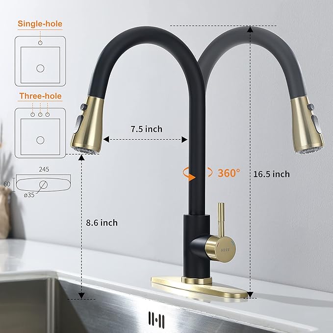 Keer Matte Black Single Handle Pull Down Kitchen Faucet with Soap Dispenser, 3 Modes Sprayer, Easy Assembly, Single Handle High Arc Stainless Steel Faucet.