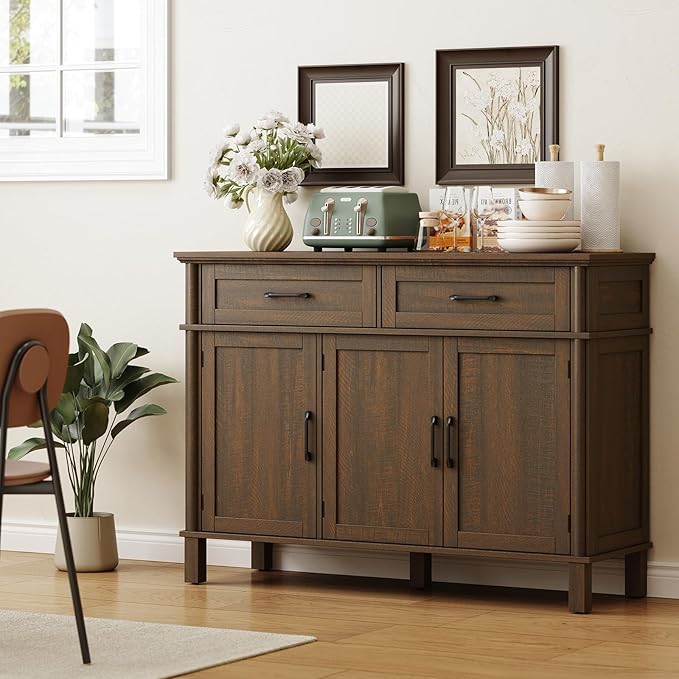 ONBRILL 48 Inches Buffet Cabinet with Storage, Farmhouse Sideboard Buffet w/2 Drawers and 3 Doors, Wood Coffee Bar Cabinet with Adjustable Shelves, Sideboard Storage for Kitchen, Living Room, Brown