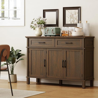 ONBRILL 48 Inches Buffet Cabinet with Storage, Farmhouse Sideboard Buffet w/2 Drawers and 3 Doors, Wood Coffee Bar Cabinet with Adjustable Shelves, Sideboard Storage for Kitchen, Living Room, Brown