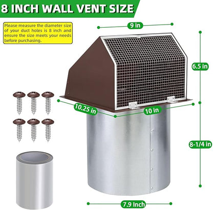 8 Inch Hooded Wall Vent with Screen and Damper,Outdoor Wall Exhaust Vent Cover Wall Cap for Exterior Kitchen Range Hood Ventilation Dryer HVAC Duct Air Exhaust, Galvanized Steel, Brown