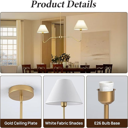 2-Light Gold Modern Linear Chandelier, 55 Inch Farmhouse Kitchen Island Lighting with White Fabric Shades, Dining Room Light Fixtures for Living Room Bedroom, Height Adjustable
