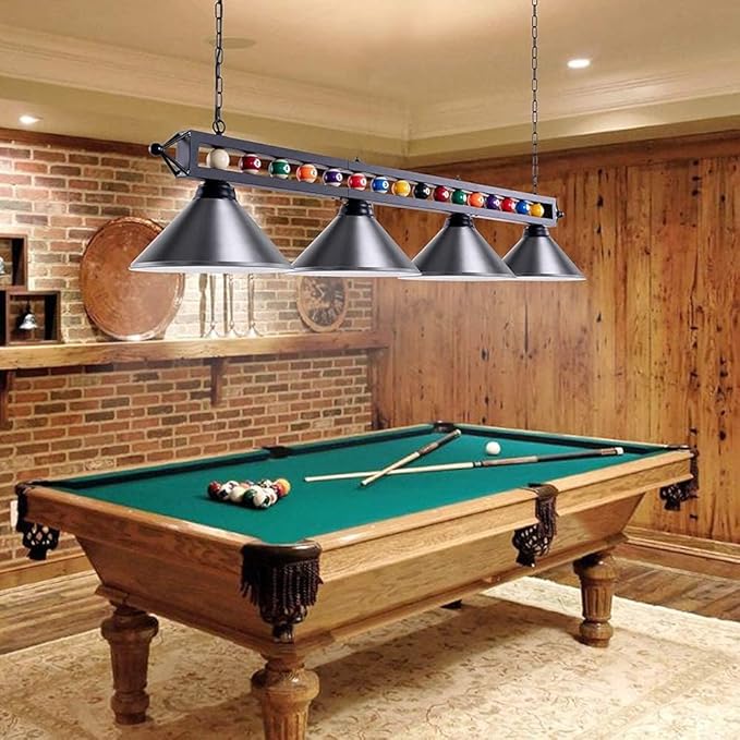Wellmet 4 Lights Pool Table Light, 70inch Billiard Lighting Fixture with Lamp Shades for Pool Billiard Table, Industrial Hanging Pendant Light Chandelier for Game Room, Kitchen, Dining Room