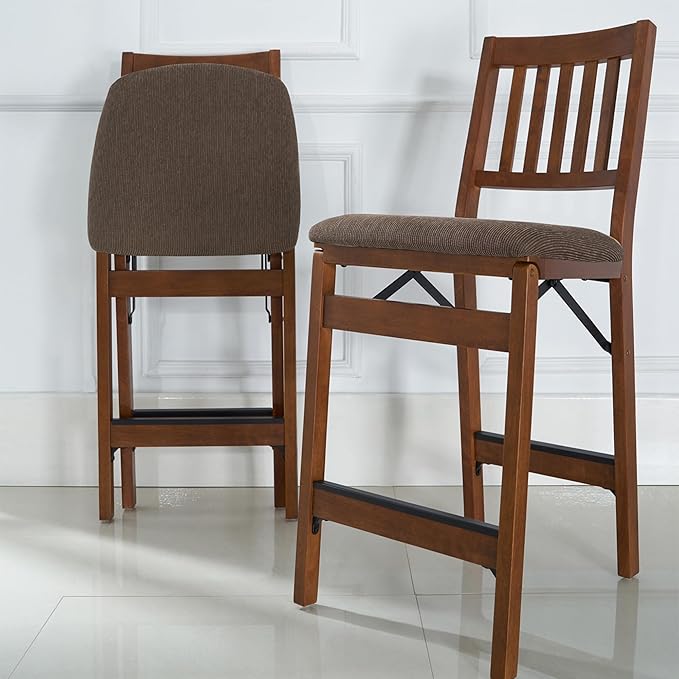 MECO Stakmore Solid Wood Dining Table Counter Stools Set - Fabric Padded Upholstered Seat & Steel Folding Mechanism, Fruitwood Frame & Jax Fabric