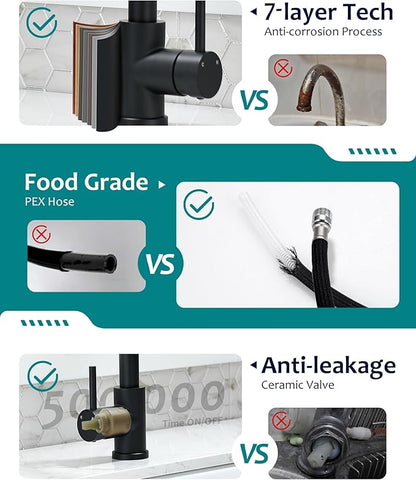 Black Kitchen Faucet with Pull Down Sprayer for RV Sink, VFAUOSIT Kitchen Sink Faucet Stainless Steel Laundry Single Handle Pull Out Kitchen Faucets Matte Black, Grifo para Fregaderos de Cocina