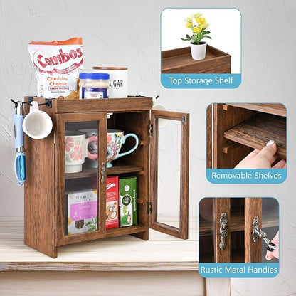 Ikee Design Small Wooden Countertop Storage Cabinet with Adjustable Shelves and Removable Hooks, Perfect for Perfume, Pantry, Essential Oil, 10.4W x 6.1D x 14.4H in, Brown