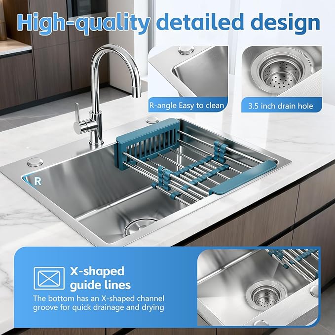 Silver Kitchen Sink, Stainless Steel Single Bowl Sink, Drop In/Topmount Workstation Sink with Retractable Drain Basket, for Bar, Kitchen, Balcony, RV (21.6 * 17.7in)