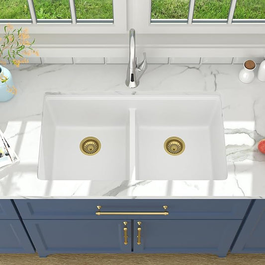 Lordear 33 Inch Granite Composite Kitchen Sink Double Bowl 33"X19" White Undermount 50/50 Workstation Quartz Sink With Ledge Classic Under Counter Basin