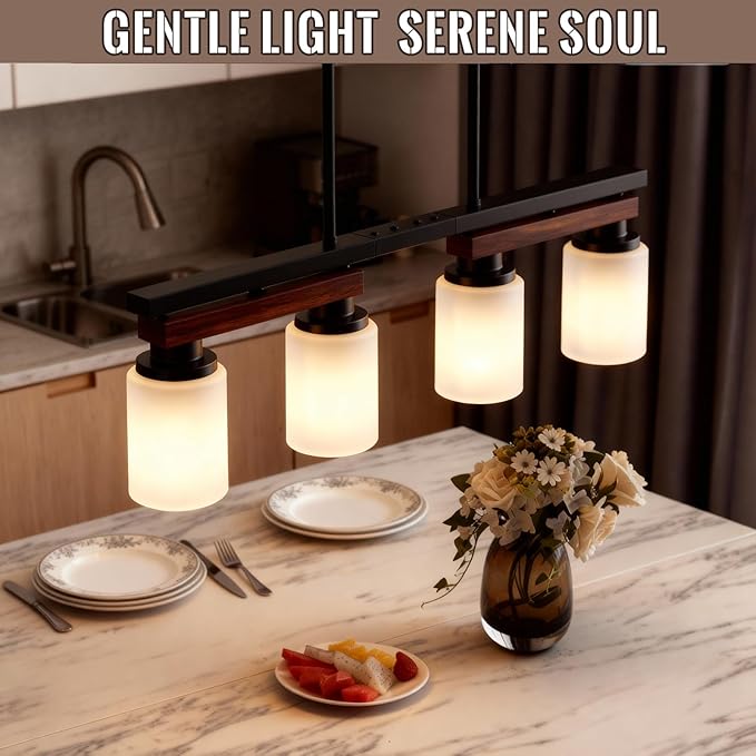 4-Light Kitchen Island Lighting & Farmhouse Dining Room Light Fixtures Over Table, Rustic Wood Linear Chandelier Adjustable Ceiling Hanging Pendant - Rotating Design, Customizable Shapes, Milk Glass