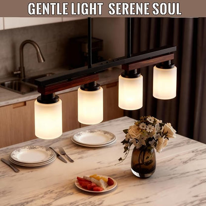 4-Light Kitchen Island Lighting & Farmhouse Dining Room Light Fixtures Over Table, Rustic Wood Linear Chandelier Adjustable Ceiling Hanging Pendant - Rotating Design, Customizable Shapes, Milk Glass