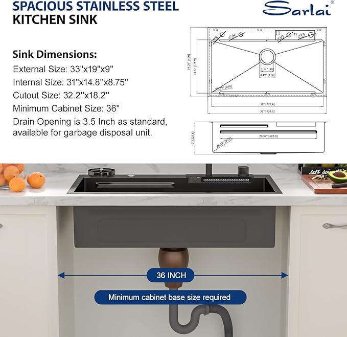 Sarlai Waterfall Kitchen Sink - 33 Inch Drop In Workstation Sink With Waterfall Black Stainless Steel 16 Gauge Multifunction Single Bowl Smart Top Mount Kitchen Sinks with Mechanical Keys 33x19x9 Inch