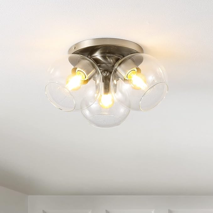 JONATHAN Y 11.5" Nickel/Clear 3-Light Semi Flush Mount Ceiling Light, Farmhouse Rustic Iron Fixture for Kitchen Bedroom, Clear Glass Shade, LED Bulbs Included (JYL7568B)
