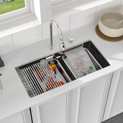 Logmey 33" Undermount Waterfall Sink with Pull-out Faucet & Temperature Control Knob,Nano PVD 33x17 Double Step Workstation Kitchen Sink,16 Gauge All in One Single Bowl Sinks