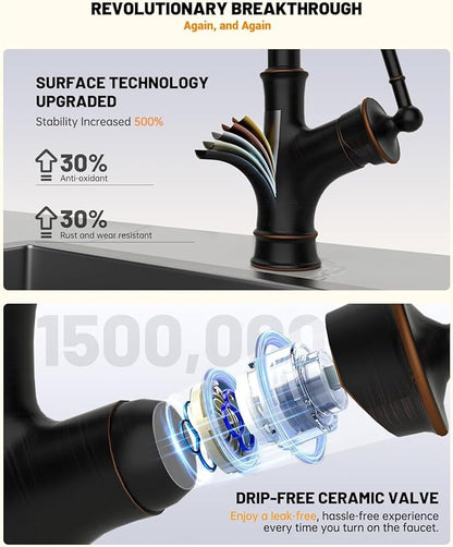 APPASO Oil Rubbed Bronze Kitchen Faucet with Pull Down Sprayer, Antique Bronze Single-Handle High Arc Single Hole, cUPC-Certified Pull-Out Hose, Water Supplies and Valve Core