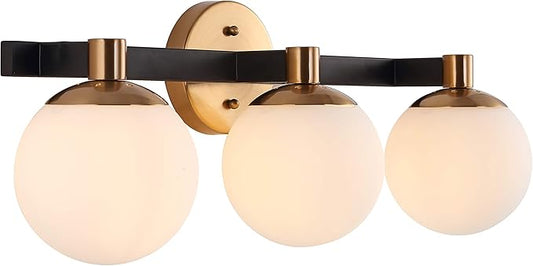 JONATHAN Y 24" Brass Gold/Black Modern Globe LED Vanity Wall Sconce Light, White Frosted Glass Shade, Mid-Century Art Deco Wall Lamp for Bathroom, Kitchen, Hallway (JYL3542A)