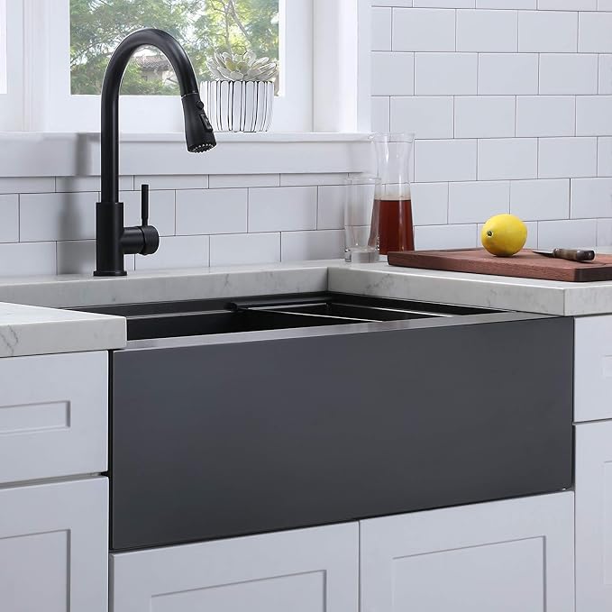 IKEBANA 33 x 22 Inch Black Farmhouse Kitchen Sink, 16 Gauge Stainless Steel Apron Front Workstation Undermount Single Bowl Sink with Accessories