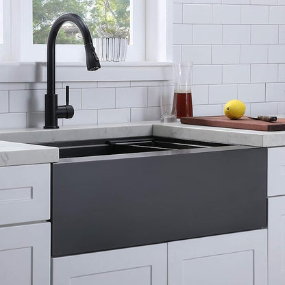 IKEBANA 33 x 22 Inch Black Farmhouse Kitchen Sink, 16 Gauge Stainless Steel Apron Front Workstation Undermount Single Bowl Sink with Accessories