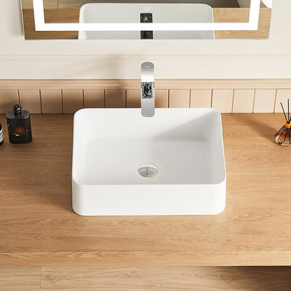 Cpingao 16" x 13" Bathroom Vessel Sink, Rectangle Basin Above Counter White Stone Resin Small Vanity Sink Washing Art Sinks With Pop-up Drain
