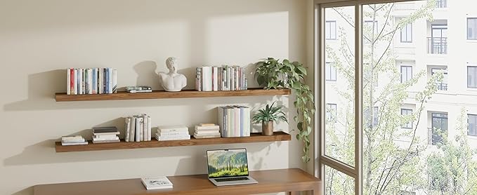ROGMARS 72 Inches Long Walnut Floating Shelves,Rustic Solid Wood Farmhouse Wall Shelves with Invisible Brackets for Bathroom, Living Room, Bedroom, Kitchen Set of 2