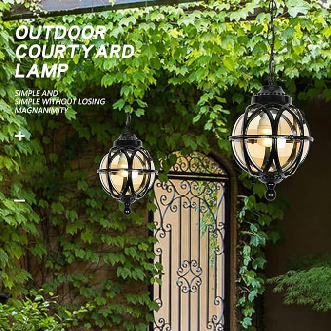 Vintage Ceiling Pendant Light Outdoor Waterproof Hanging Light for Porch, Lantern Glass Aluminum Exterior Retro Chandelier for Porch Patio Farmhouse Entryway (27cm/10.6")