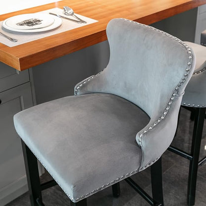 Rhomtree Elegant Button Tufted Upholstered Fabric Bar Stools with Nailhead Trim, Dining Side Chair, Leisure Padded Chairs with Solid Wooden Legs Home Kitchen Island Wooden Bar Chairs (Grey, Set of 6)