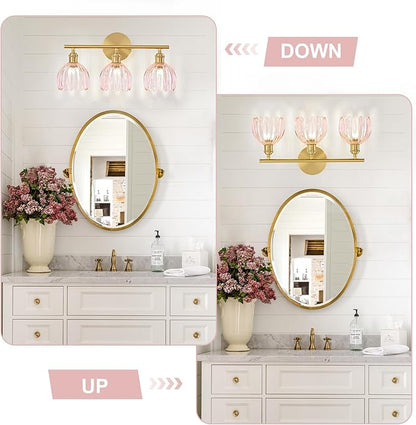 Gold Bathroom Light Fixtures Over Mirror, 3 Light Bathroom Vanity Light Fixture with Tulip Pink Glass Lampshade, Vintage Vanity Lights for Bathroom, Bathroom Vanity Lights Over Mirror