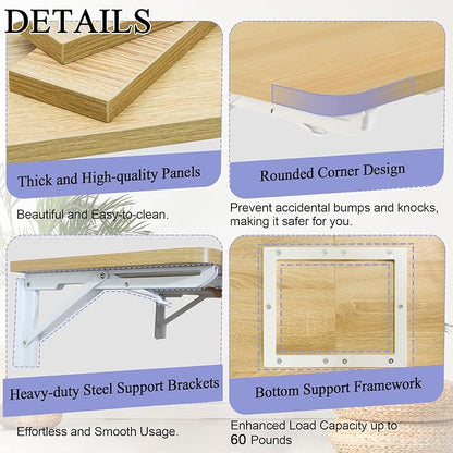 TEAMIX Wall Mounted Folding Table, Floating Desk for Small Spaces, Drop Leaf Dining Table for Kitchen Fold Down Laundry Shelf with Heavy-Duty Brackets