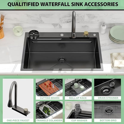 33 Inch Black Waterfall Kitchen Sink - Beslend 33x22 Drop In Waterfall Sink Nano Black Workstation Smart Sinks 16 Gauge Stainless Steel Single Bowl Dish Basin with Faucet Combo