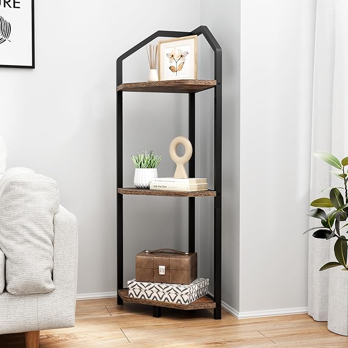 Fun Memories 3 Tier Corner Shelf, 40” Corner Shelf Stand, Corner Bookshelf Plant Stand, Storage Shelf for Bathroom, Living Room, Kitchen,Grey Home Office, Brown