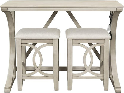 Rustic Dining Table Set, Farmhouse 3-Piece Counter Height Dining Table Set with USB Port and Upholstered Stools for Small Places (Cream/Farmhouse-A)