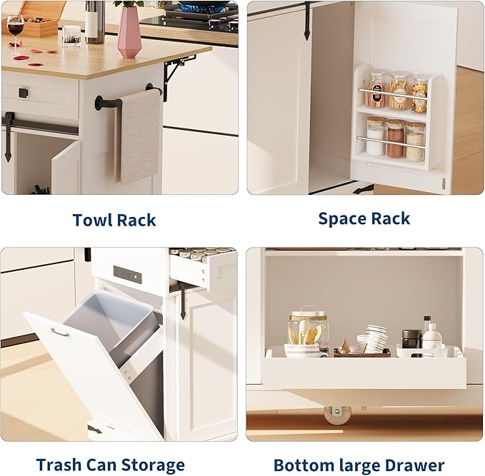 Large Rolling Kitchen Island with Power Outlet, Mobile Kitchen Cart on Wheels with Drop Leaf, 3 Drawers, Trash Can Storage, Spice Rack, Towel Holder, Kitchen Island Table for Dining Room, Home, White