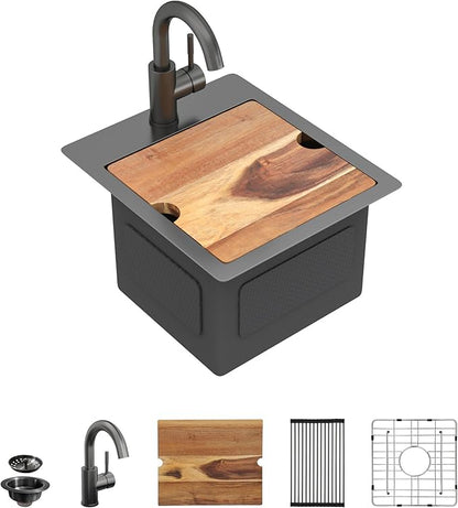 13"x15" Drop In Bar Prep Sink Workstation – Gunmetal Black NANO-PVD, 16 Gauge 304 Stainless Steel, Single Bowl Top Mount Wet Bar RV Outdoor Kitchen Sink with Faucet